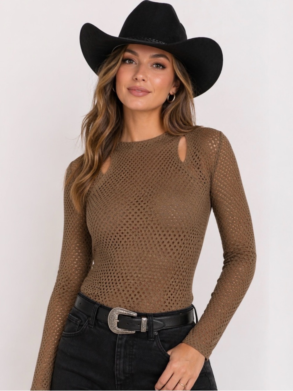 BCBG Maxazria Mercy cut out long sleeve semi sheer shirt. Tan brown, women’s M.